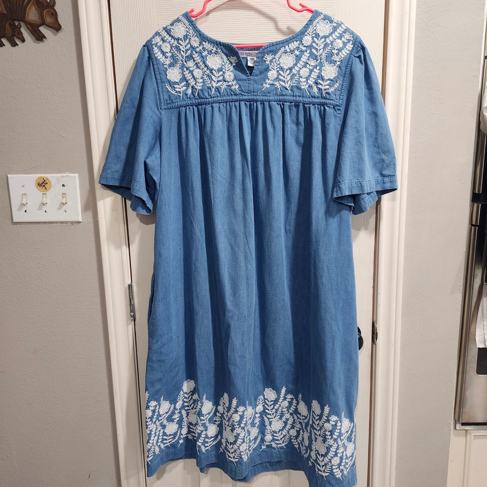 Go Softly Patio Denim Floral Embroidered Muumuu Dress Blue Cotton Plus Size 3X